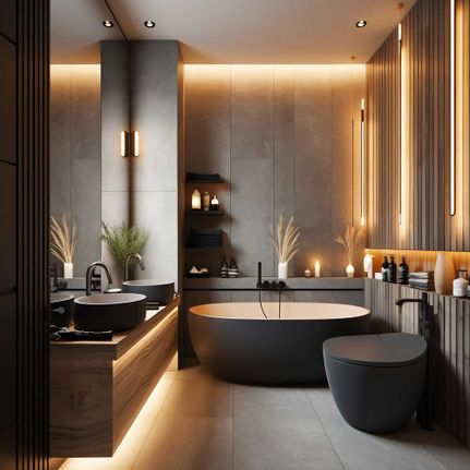 Moderne Badezimmereinrichtung mit Toilette und Badewanne, in Grau mit Holzelementen